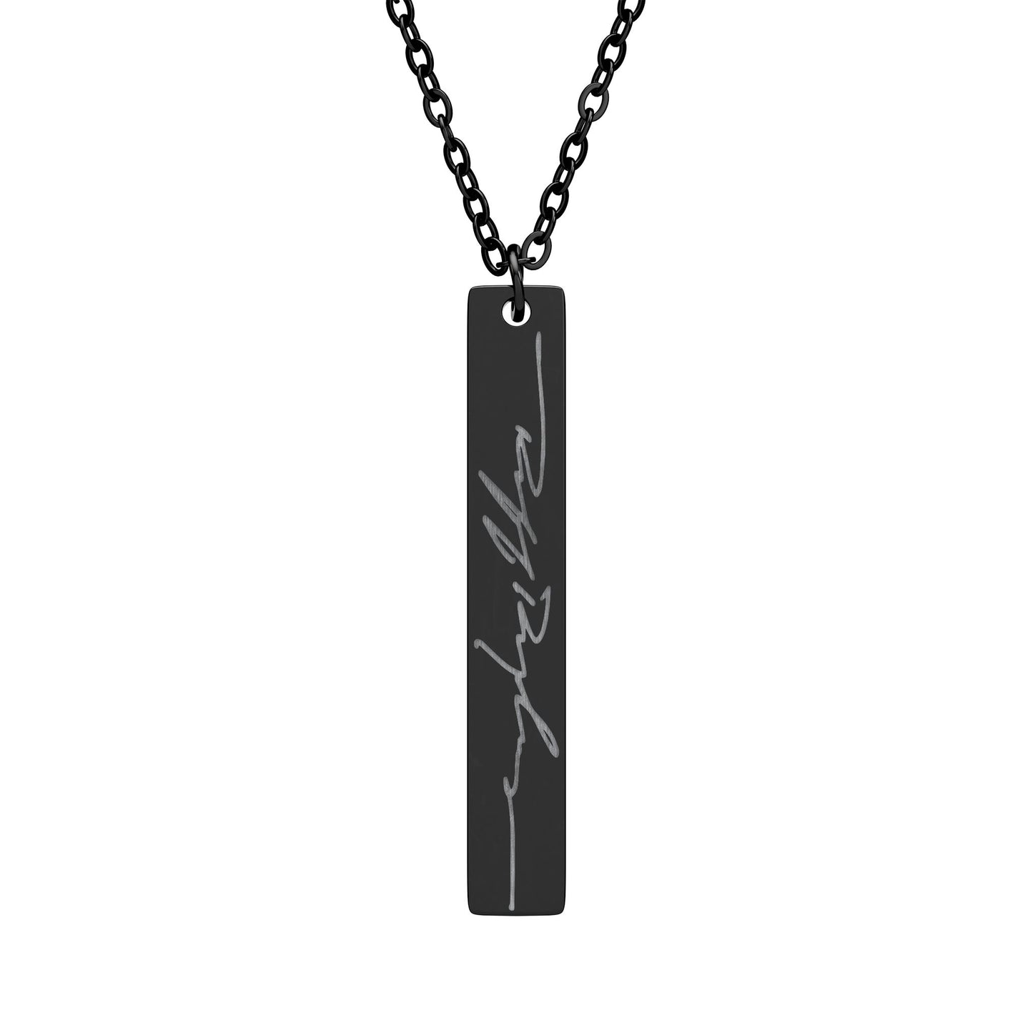 Engraved Vertical Bar Necklace — Personalized Script Pendant (Silver or Black)