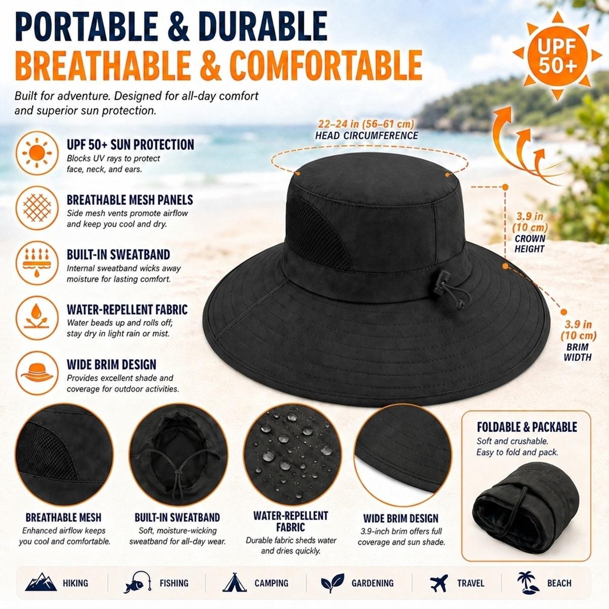 Blk RR Wide Brim Sun Hat