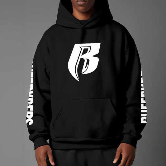 White Print Pullover Hoodie with Micro-Fleece Lining