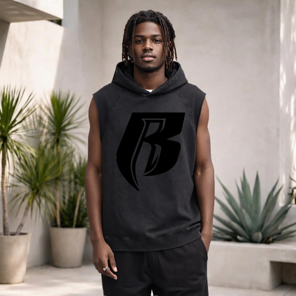 Blk RR  Loose Sleeveless Hoodie