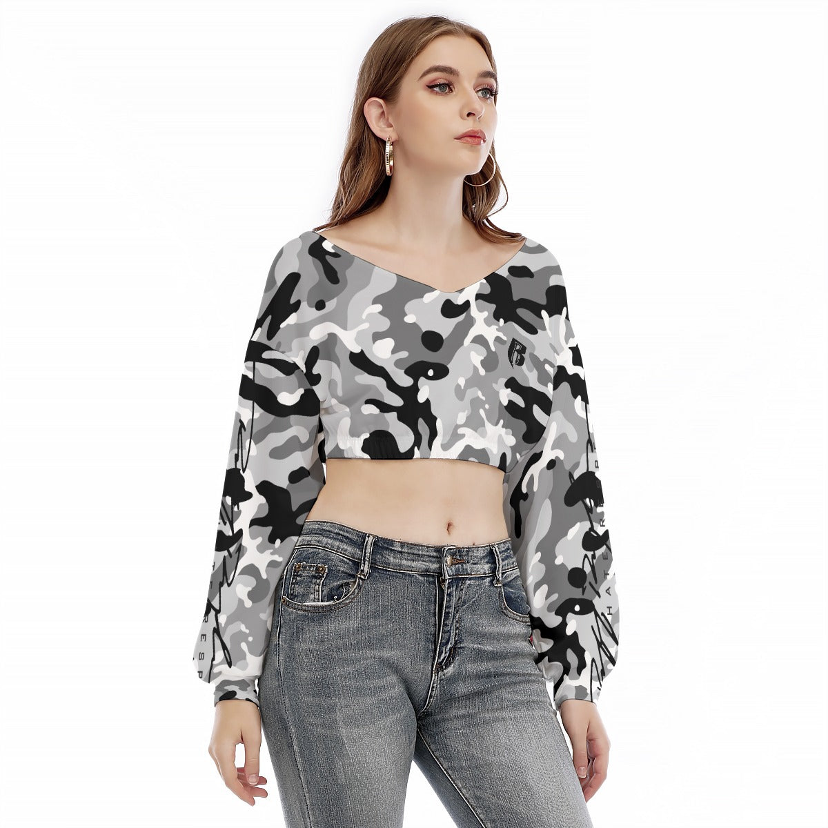 Camo Print Women's V-neck Long Sleeve Cropped Sweatshirt