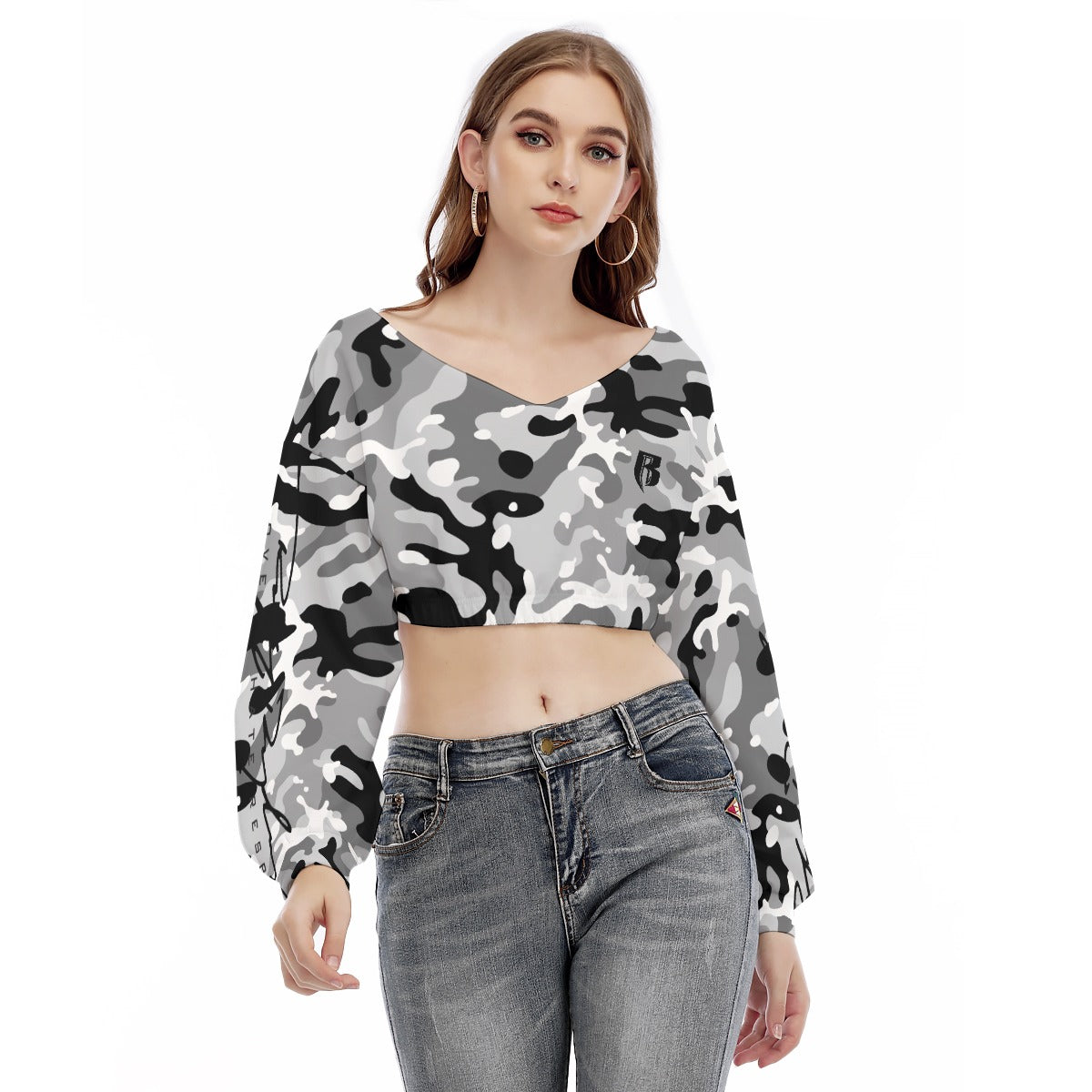 Camo Print Women's V-neck Long Sleeve Cropped Sweatshirt