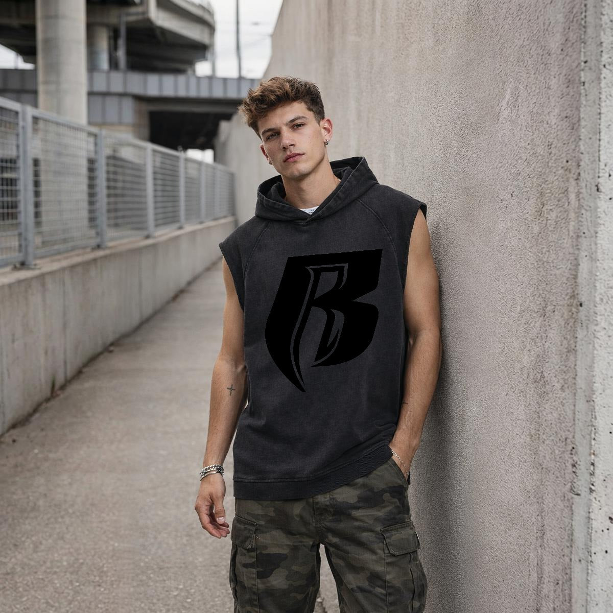 Blk RR  Loose Sleeveless Hoodie