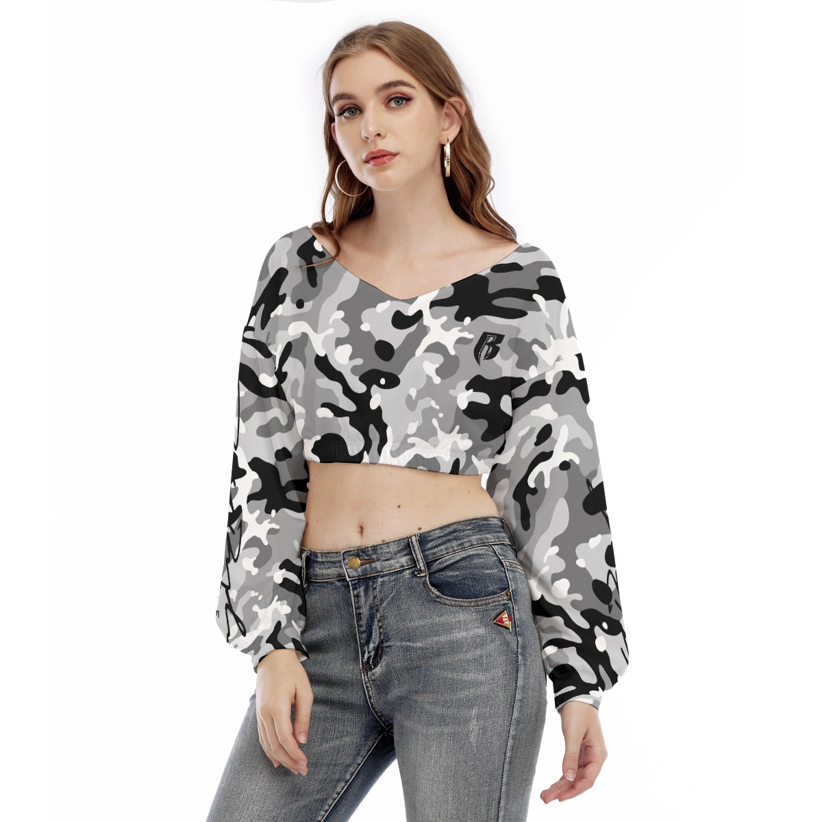 Camo Print Women's V-neck Long Sleeve Cropped Sweatshirt