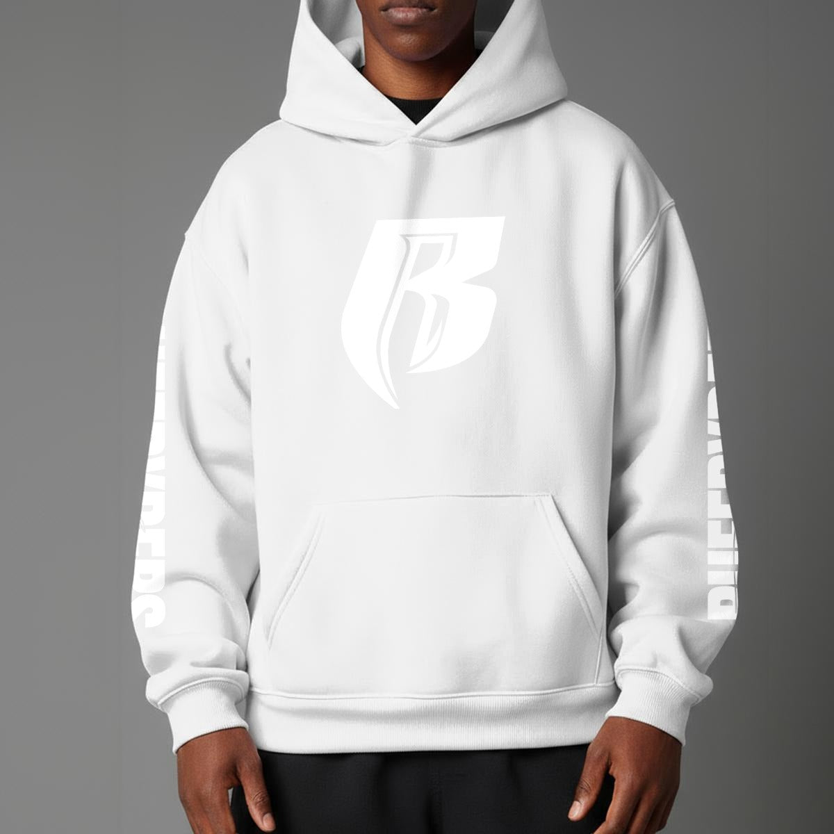 White Print Pullover Hoodie with Micro-Fleece Lining