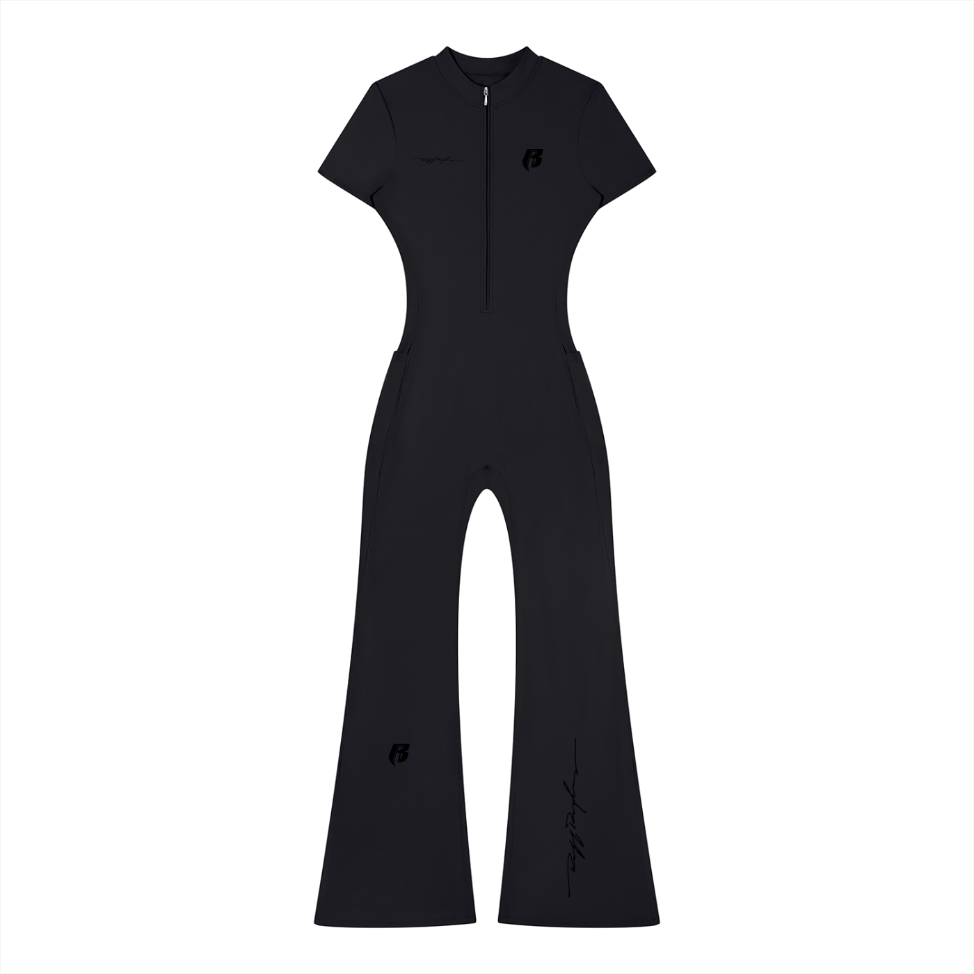 RR Blk Print Women’s Tight Flared Leg Quarter-Zip Jumpsuit