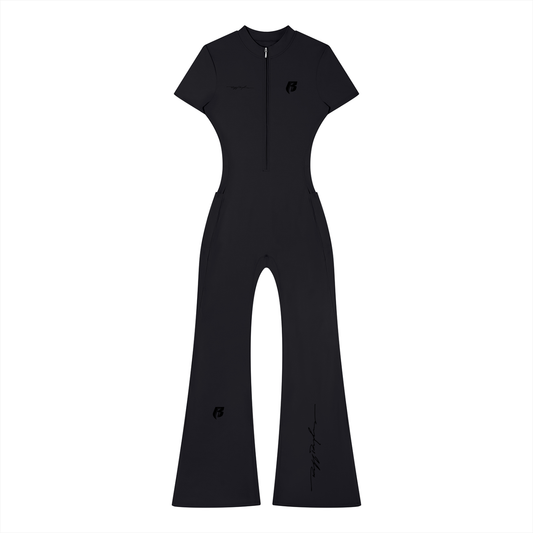RR Blk Print Women’s Tight Flared Leg Quarter-Zip Jumpsuit
