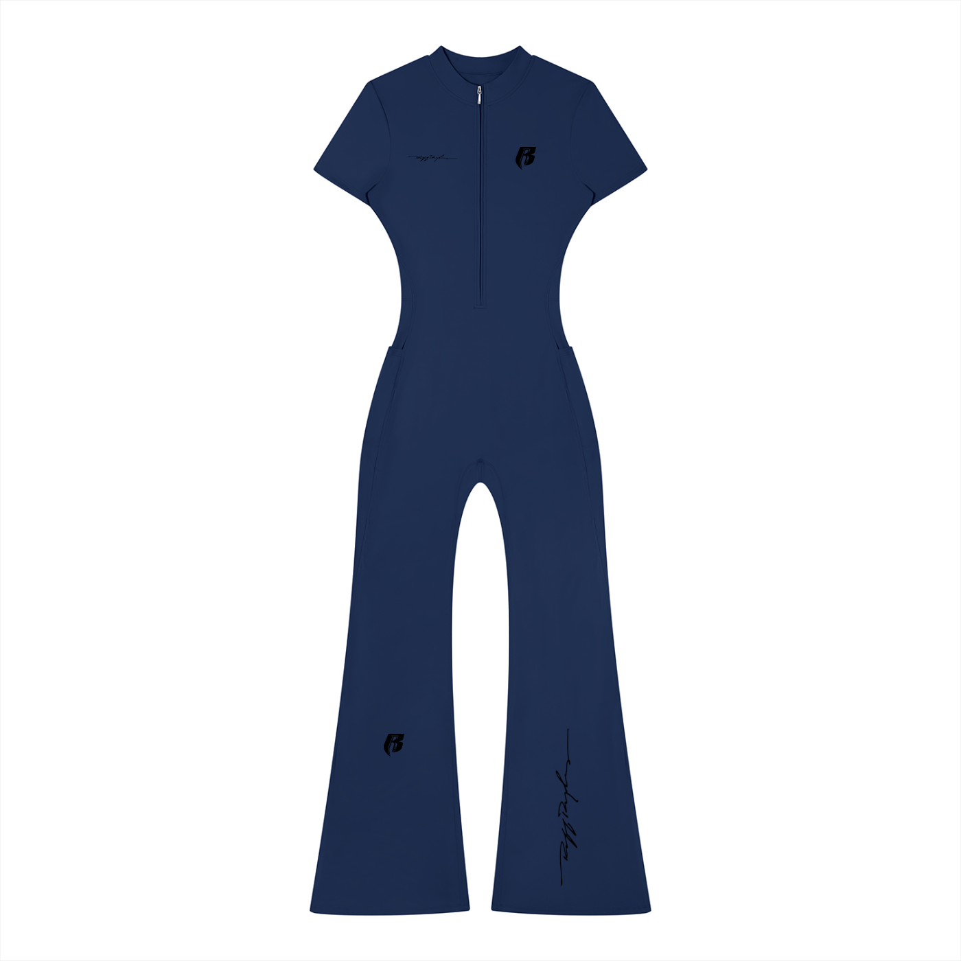 RR Blk Print Women’s Tight Flared Leg Quarter-Zip Jumpsuit