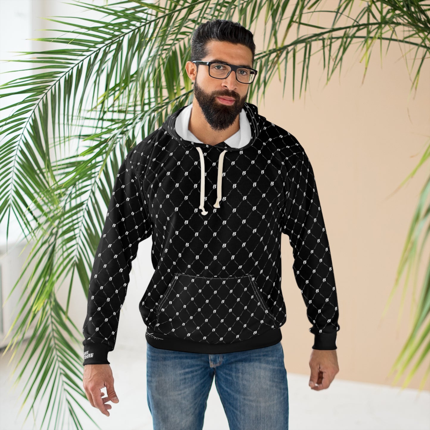 Black Quilted Diamond Pattern Hoodie – All-Over Print Pullover
