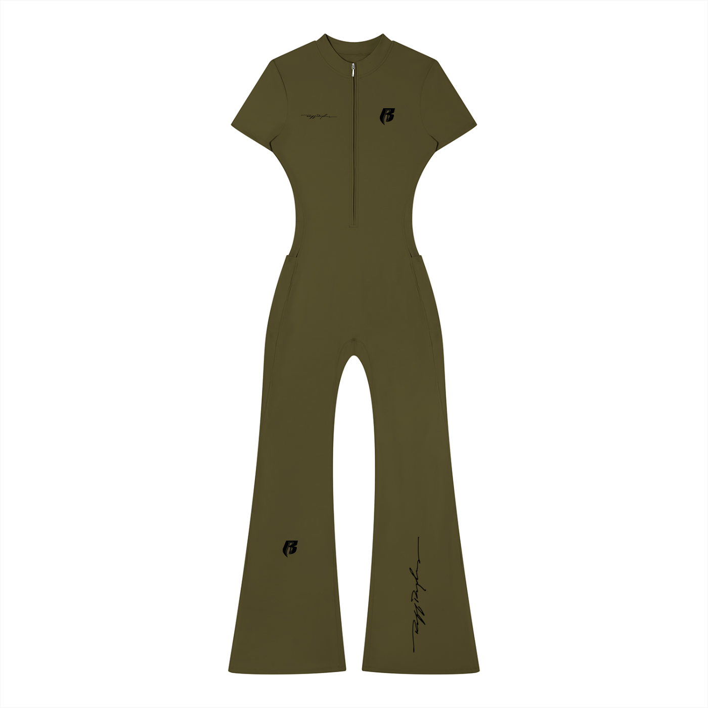 RR Blk Print Women’s Tight Flared Leg Quarter-Zip Jumpsuit